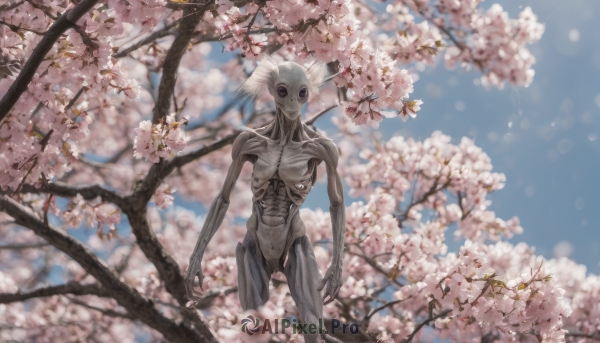 solo, standing, outdoors, sky, day, tree, no humans, cherry blossoms, alien