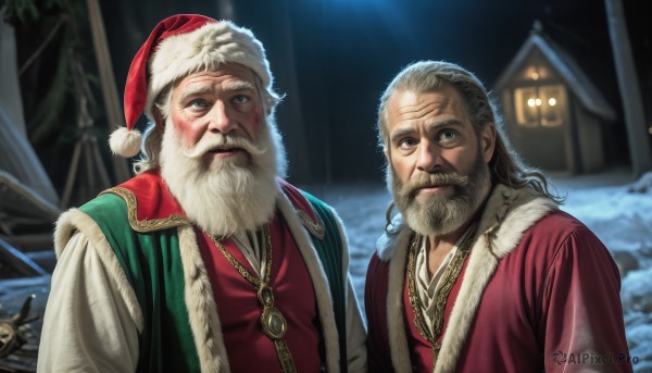 HQ,blue eyes,brown hair,hat,brown eyes,jewelry,closed mouth,upper body,white hair,grey hair,male focus,outdoors,multiple boys,2boys,necklace,blurry,vest,fur trim,night,facial hair,scar,christmas,red headwear,beard,snow,santa hat,santa costume,mustache,manly,old,old man,long hair,looking at viewer,smile,weapon,tree,grey eyes,realistic,house,reindeer