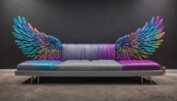 wings,indoors,pillow,no humans,bed,shadow,black background,scenery,couch,feathered wings,wooden floor,blue wings,purple wings,still life,multicolored wings,spread wings,simple background,signature,grey background,gradient,gradient background,feathers,multicolored clothes,colorful,multiple wings,rainbow order,negative space