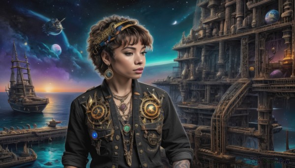 1girl,solo,short hair,brown hair,1boy,brown eyes,jewelry,jacket,upper body,hairband,earrings,sky,cloud,water,necklace,lips,tattoo,night,ocean,moon,goggles,star (sky),night sky,scenery,androgynous,pendant,starry sky,science fiction,realistic,aircraft,nose,fantasy,horizon,space,watercraft,planet,ship,boat,spacecraft,steampunk,airship,shirt,black hair,outdoors,parted lips,open clothes,black eyes,open jacket,black jacket,looking to the side,makeup,looking away,sleeves rolled up,curly hair,sunset,hoop earrings,city,shooting star,gold chain