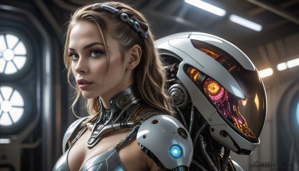 HQ,1girl,solo,long hair,breasts,looking at viewer,blue eyes,blonde hair,brown hair,cleavage,medium breasts,upper body,parted lips,indoors,armor,blurry,lips,grey eyes,blurry background,robot,science fiction,realistic,nose,power armor,power suit,hairband,earrings