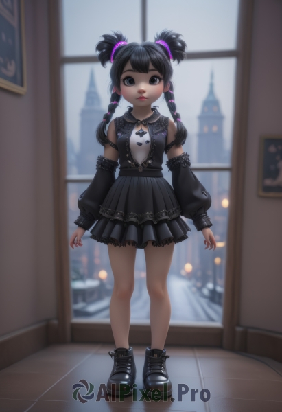 1girl,solo,long hair,looking at viewer,bangs,skirt,black hair,long sleeves,dress,ribbon,twintails,closed mouth,standing,full body,hair ribbon,braid,boots,frills,detached sleeves,shoes,puffy sleeves,artist name,indoors,black skirt,nail polish,black footwear,blurry,black eyes,black dress,twin braids,lips,window,makeup,depth of field,blurry background,lipstick,child,lolita fashion,arms at sides,gothic lolita,red lips,female child,layered skirt,gothic,aged down