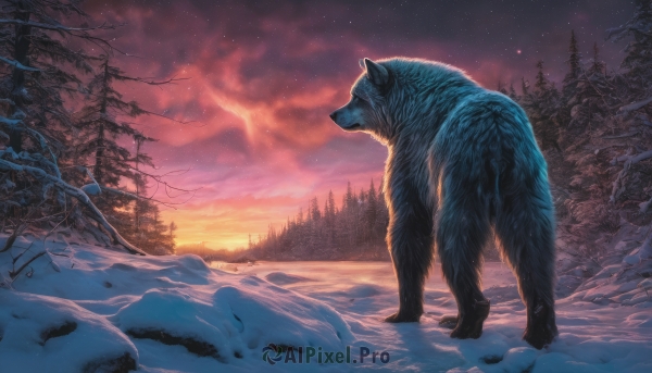 outdoors,sky,cloud,tree,no humans,night,animal,building,star (sky),nature,night sky,scenery,snow,forest,starry sky,sunset,snowing,winter,bare tree,wolf,twilight,bear,pine tree