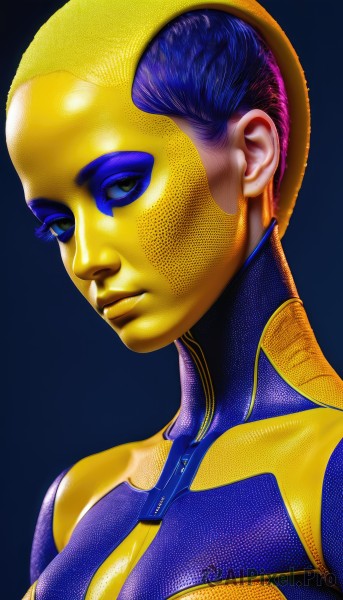 1girl,solo,looking at viewer,short hair,blue eyes,simple background,1boy,closed mouth,blue hair,upper body,purple hair,male focus,lips,bodysuit,makeup,colored skin,blue background,portrait,eyeshadow,realistic,nose,animification,superhero,yellow skin,brown eyes,shiny,eyelashes,expressionless,science fiction,alien,orange skin