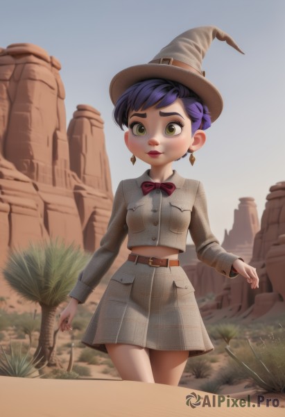 1girl,solo,breasts,looking at viewer,blush,short hair,skirt,shirt,long sleeves,hat,bow,navel,jewelry,closed mouth,green eyes,blue hair,standing,jacket,purple hair,cowboy shot,earrings,small breasts,outdoors,sky,day,midriff,belt,bowtie,hair bun,red bow,tree,witch hat,single hair bun,thick eyebrows,white skirt,red bowtie,grey shirt,grey skirt,pocket,grey jacket,witch,brown belt,breast pocket,brown eyes,nail polish,lips,plaid,plaid skirt,grass,web address