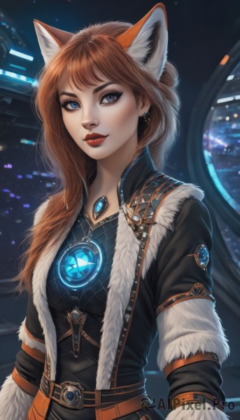 1girl,solo,long hair,breasts,looking at viewer,bangs,blue eyes,brown hair,long sleeves,animal ears,jewelry,jacket,upper body,earrings,parted lips,open clothes,belt,cat ears,necklace,lips,fur trim,fox ears,makeup,lipstick,brooch,gem,pendant,eyeshadow,freckles,red lips,smile,dress,closed mouth,artist name,orange hair,wolf ears