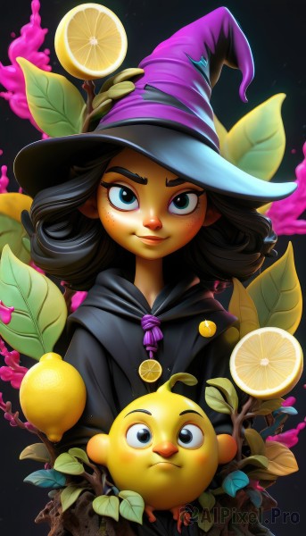 1girl,solo,long hair,looking at viewer,smile,blue eyes,black hair,hat,holding,closed mouth,upper body,food,dark skin,medium hair,black eyes,dark-skinned female,lips,black headwear,witch hat,fruit,leaf,thick eyebrows,child,freckles,witch,purple headwear,orange (fruit),lemon,lemon slice,yellow skin,brown hair,dress,plant,robe