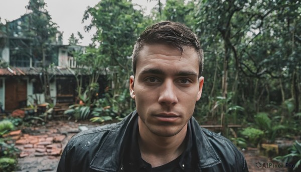 solo,looking at viewer,short hair,brown hair,shirt,black hair,1boy,brown eyes,closed mouth,jacket,upper body,male focus,outdoors,day,blurry,black eyes,tree,black jacket,black shirt,facial hair,denim,building,portrait,realistic,stubble,photo background,denim jacket,collared shirt,blurry background,thick eyebrows,blue jacket,beard,leather,undercut,house,leather jacket