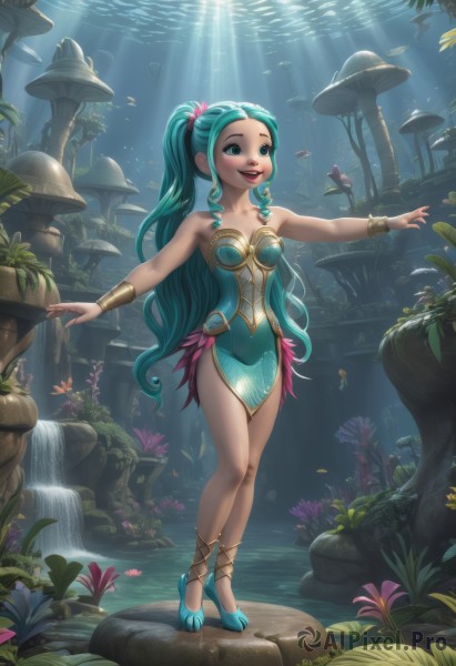 1girl,solo,long hair,breasts,smile,open mouth,hair ornament,dress,bare shoulders,jewelry,medium breasts,very long hair,green eyes,standing,collarbone,full body,ponytail,flower,:d,small breasts,green hair,shoes,teeth,water,high heels,bracelet,aqua eyes,strapless,aqua hair,watermark,short dress,sunlight,outstretched arms,plant,strapless dress,web address,armlet,fish,blue footwear,light rays,underwater,bracer,sunbeam,mushroom,blush,blue eyes,cleavage,twintails,artist name,makeup,leaf,drill hair,curly hair,waterfall,aqua dress,aqua footwear