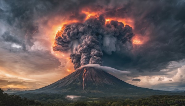 outdoors, sky, cloud, no humans, cloudy sky, fire, scenery, monster, mountain