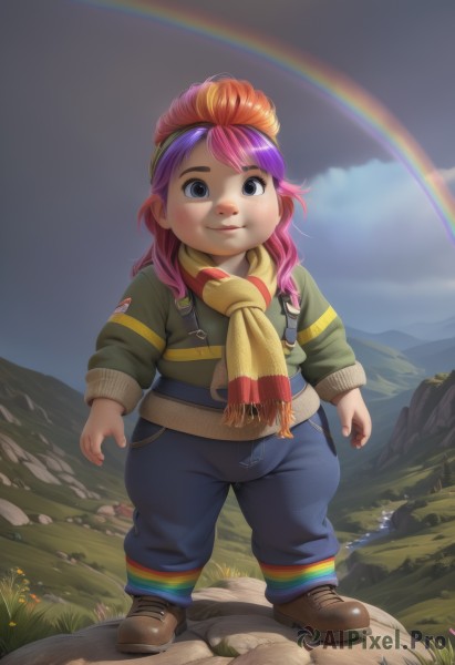 1girl,solo,long hair,looking at viewer,smile,long sleeves,closed mouth,standing,full body,pink hair,purple hair,red hair,multicolored hair,boots,outdoors,sky,shoes,day,striped,pants,cloud,scarf,black eyes,two-tone hair,sweater,blue sky,brown footwear,cloudy sky,grass,child,multicolored clothes,rock,mountain,blue pants,female child,overalls,fat,rainbow,rainbow hair,multicolored scarf,multicolored headwear,multicolored stripes,blue eyes,jacket,lips