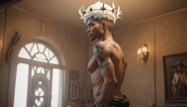 solo,short hair,1boy,hat,brown eyes,closed mouth,nipples,upper body,white hair,male focus,belt,pants,indoors,blurry,from side,window,tattoo,muscular,facial hair,piercing,abs,crown,pectorals,muscular male,bara,beard,large pectorals,topless male,mature male,mustache,arm tattoo,nipple piercing,manly,shoulder tattoo,painting (object),church,back tattoo,portrait (object),long hair,blonde hair,black hair,jewelry,earrings,multiple boys,dark skin,2boys,halo,black pants