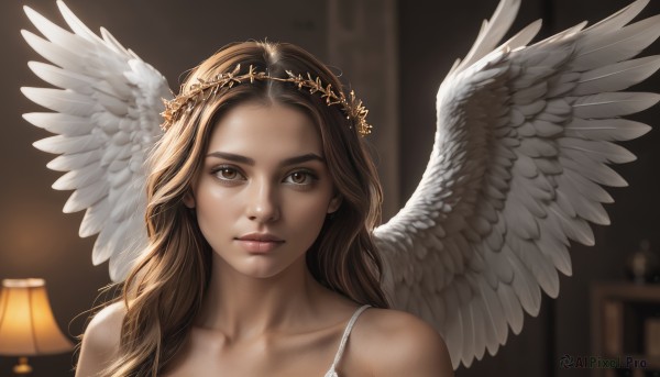 1girl,solo,long hair,looking at viewer,brown hair,bare shoulders,brown eyes,closed mouth,collarbone,wings,indoors,blurry,lips,depth of field,blurry background,portrait,feathered wings,angel wings,realistic,white wings,angel,lamp,head wreath,upper body,nose,light