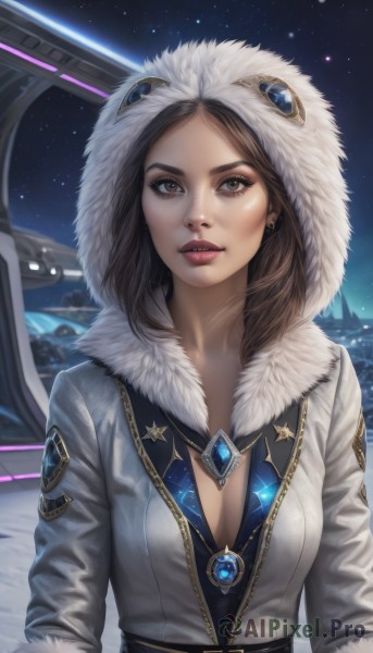 1girl,solo,breasts,looking at viewer,brown hair,cleavage,brown eyes,jewelry,medium breasts,jacket,upper body,earrings,parted lips,open clothes,sky,belt,hood,necklace,star (symbol),lips,coat,fur trim,eyelashes,makeup,night,gem,star (sky),night sky,pendant,hood up,starry sky,realistic,nose,winter clothes,space,fur-trimmed hood,parka,teeth,signature,parted bangs,lipstick,eyeshadow,aircraft,badge,mascara,spacecraft