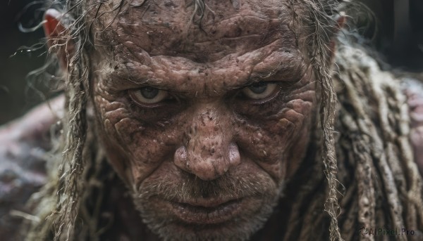 solo,looking at viewer,1boy,closed mouth,white hair,male focus,blurry,black eyes,grey eyes,depth of field,headband,facial hair,scar,portrait,beard,close-up,realistic,mustache,old,straight-on,old man,wrinkled skin