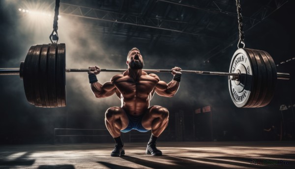 solo,gloves,1boy,navel,holding,full body,weapon,male focus,boots,shorts,dark skin,fingerless gloves,mask,muscular,abs,squatting,dark-skinned male,pectorals,muscular male,blue shorts,topless male,manly,hammer,biceps,exercise,gym,weightlifting,underwear,thighs,facial hair,thick thighs,bara,beard,large pectorals,bulge,light,male underwear