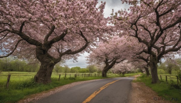 outdoors, sky, day, cloud, tree, dutch angle, no humans, grass, cherry blossoms, scenery, fence, road, path