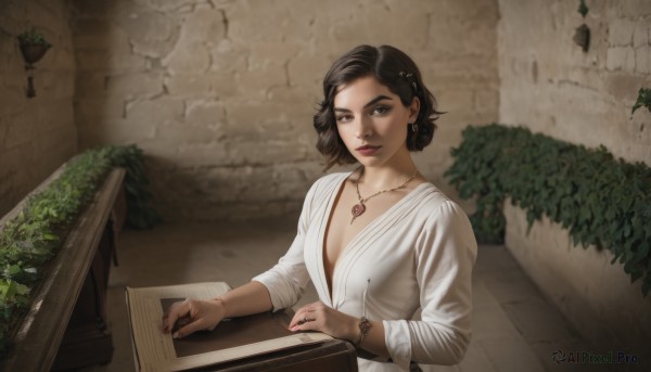 1girl,solo,breasts,looking at viewer,short hair,brown hair,black hair,hair ornament,dress,cleavage,brown eyes,jewelry,closed mouth,collarbone,upper body,earrings,small breasts,hairclip,indoors,dark skin,necklace,nail polish,white dress,mole,bracelet,dark-skinned female,lips,no bra,makeup,table,ring,plant,pendant,watch,realistic,nose,wristwatch,wall,brick wall,plunging neckline,shirt,medium breasts,white shirt,lipstick,instrument,red nails,piano