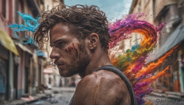 solo, short hair, black hair, 1boy, upper body, male focus, outdoors, day, dark skin, blurry, from side, blood, blurry background, facial hair, dark-skinned male, tank top, fire, building, realistic, dirty