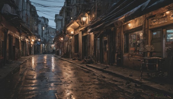 outdoors,sky,day,water,no humans,window,night,ground vehicle,building,scenery,reflection,city,sign,door,road,lamp,bench,power lines,lamppost,street,utility pole,puddle,pavement,vanishing point,cloud,plant,rain,potted plant,dark,house