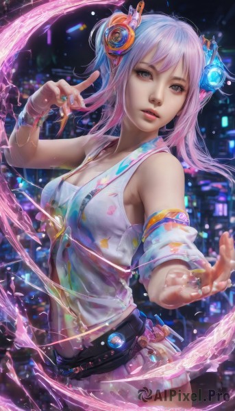 1girl,solo,long hair,breasts,looking at viewer,blue eyes,skirt,hair ornament,navel,cleavage,bare shoulders,jewelry,medium breasts,pink hair,multicolored hair,parted lips,detached sleeves,midriff,belt,miniskirt,nail polish,bracelet,lips,grey eyes,gradient hair,headphones,ring,realistic,twintails,artist name,water,watermark,web address,science fiction,water drop