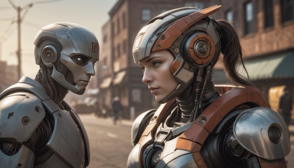 1girl,brown hair,1boy,brown eyes,upper body,ponytail,outdoors,armor,blurry,from side,lips,profile,blurry background,headgear,helmet,robot,building,science fiction,city,realistic,nose,android,road,cyborg,street,power armor,cyberpunk,humanoid robot,blue eyes,multiple girls,2girls,looking at another,colored skin,portrait,power lines,radio antenna