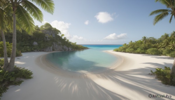 outdoors,sky,day,cloud,water,tree,blue sky,no humans,shadow,ocean,beach,sunlight,grass,plant,nature,scenery,rock,sand,palm tree,horizon,bush,shade,summer,shore,island,forest,road,landscape