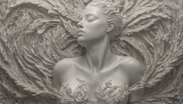 1girl,solo,breasts,short hair,1boy,medium breasts,closed mouth,collarbone,monochrome,closed eyes,upper body,greyscale,nude,wings,lips,eyelashes,halo,feathers,feathered wings,angel wings,realistic,angel,giant,holding,bare shoulders,standing,helmet,head wings,size difference,giantess,statue