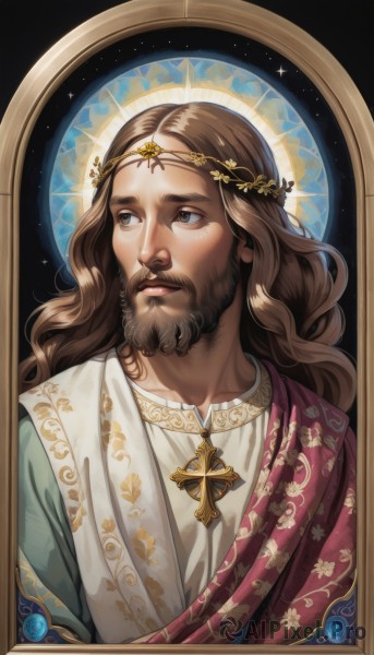 solo,long hair,brown hair,1boy,brown eyes,jewelry,upper body,male focus,parted lips,necklace,lips,looking to the side,facial hair,looking away,cross,portrait,beard,robe,circlet,mustache,looking afar,head wreath,cross necklace,priest