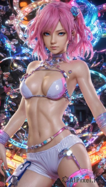 1girl,solo,breasts,looking at viewer,short hair,bangs,blue eyes,hair ornament,navel,cleavage,bare shoulders,twintails,jewelry,medium breasts,standing,swimsuit,pink hair,bikini,cowboy shot,earrings,shorts,choker,midriff,shiny,medium hair,stomach,nail polish,bracelet,lips,shiny skin,short shorts,thigh strap,white bikini,bikini top only,science fiction,white shorts,realistic,thighhighs,closed mouth,belt,armpits,watermark,garter straps,piercing,wristband,web address,contrapposto