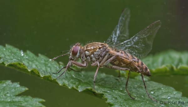 outdoors,wings,water,blurry,no humans,blurry background,animal,bug,monster,underwater,realistic,antennae,lily pad,insect wings,simple background,from side,depth of field,leaf,green background,water drop,frog,animal focus,green theme