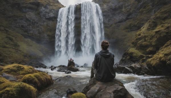 1boy, sitting, male focus, outdoors, water, from behind, scenery, rock, waterfall