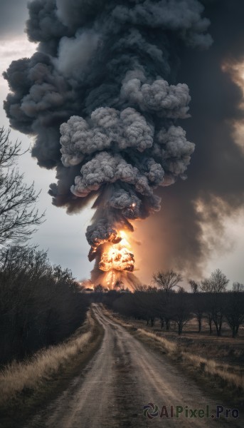 solo,holding,outdoors,sky,cloud,tree,no humans,glowing,cloudy sky,grass,fire,nature,scenery,forest,smoke,mountain,road,burning,1other,monster