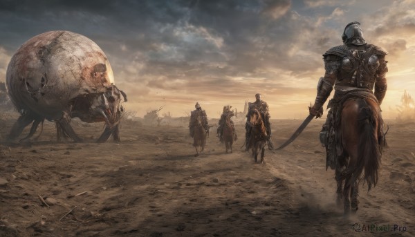 holding,standing,weapon,outdoors,multiple boys,sky,sword,cloud,from behind,holding weapon,armor,holding sword,helmet,cloudy sky,shoulder armor,gauntlets,scenery,walking,6+boys,pauldrons,monster,shield,fantasy,riding,multiple others,horse,knight,full armor,ambiguous gender,desert,horseback riding,cape,tree,torn clothes,animal,1other,sunset,sand,dust,helm,saddle