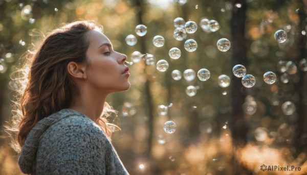 1girl, solo, long hair, brown hair, brown eyes, jewelry, upper body, earrings, hood, blurry, from side, lips, profile, depth of field, blurry background, hood down, bubble, realistic, nose, bokeh