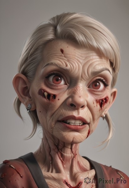 1girl,solo,looking at viewer,smile,short hair,blonde hair,simple background,red eyes,brown eyes,jewelry,collarbone,earrings,parted lips,teeth,grey background,grin,lips,blood,portrait,veins,blood on face,realistic,old,horror (theme),old woman,clenched teeth,injury,nose,extra eyes