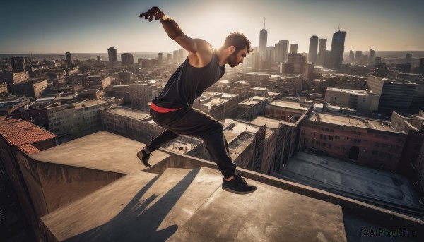 solo,short hair,brown hair,shirt,gloves,1boy,male focus,outdoors,shoes,sleeveless,black gloves,pants,dark skin,black footwear,muscular,shadow,facial hair,black pants,dark-skinned male,tank top,building,scenery,running,city,realistic,cityscape,black hair,bare shoulders,full body,sky,black shirt,pectorals,muscular male,sneakers,bara,beard,sunset,sideburns,black tank top