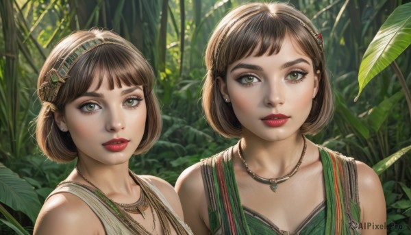 looking at viewer,short hair,bangs,multiple girls,brown hair,hair ornament,2girls,bare shoulders,brown eyes,jewelry,closed mouth,green eyes,collarbone,upper body,hairband,earrings,outdoors,parted lips,sleeveless,day,necklace,lips,eyelashes,makeup,siblings,leaf,bob cut,plant,lipstick,sisters,nature,forest,freckles,twins,realistic,nose,red lips,mascara,dress,teeth,signature,blunt bangs,portrait,pendant