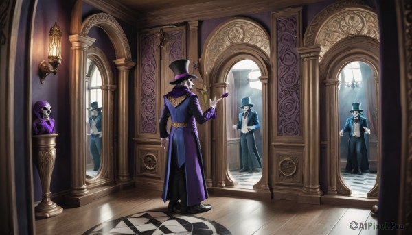 black hair,gloves,long sleeves,hat,holding,standing,jacket,male focus,multiple boys,pants,indoors,window,black headwear,black pants,formal,3boys,suit,reflection,skull,top hat,stairs,door,purple jacket,skeleton,pillar,cane,hallway,chandelier,smile,short hair,shirt,bow,white shirt,necktie,shoes,looking back,white gloves,hand up,bowtie,black footwear,looking at another,vest,coat,black jacket,mask,robe,black bowtie,mirror,lamp,carpet