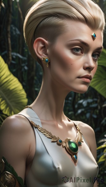 1girl,solo,breasts,looking at viewer,short hair,blue eyes,blonde hair,bare shoulders,jewelry,closed mouth,collarbone,upper body,earrings,small breasts,necklace,mole,covered nipples,lips,see-through,grey eyes,gem,freckles,realistic,nose,forehead jewel,leaf