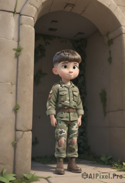 solo,looking at viewer,short hair,brown hair,black hair,long sleeves,1boy,brown eyes,closed mouth,standing,jacket,full body,male focus,boots,outdoors,belt,pants,uniform,torn clothes,military,military uniform,brown footwear,plant,child,cross-laced footwear,pocket,male child,ruins,camouflage,dirty,soldier,combat boots,camouflage jacket,camouflage pants,smile,pillar