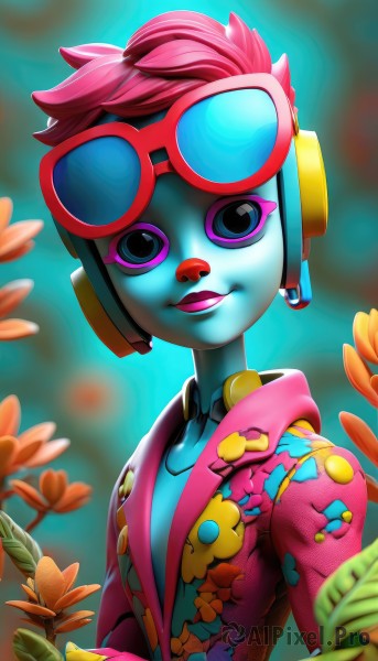 1girl,solo,looking at viewer,smile,short hair,blue eyes,jewelry,jacket,upper body,pink hair,flower,parted lips,open clothes,glasses,alternate costume,artist name,hood,necklace,blurry,official alternate costume,lips,hoodie,makeup,depth of field,blurry background,colored skin,headphones,leaf,sunglasses,hood down,lipstick,goggles,hooded jacket,eyewear on head,eyeshadow,blue skin,eyeliner,tinted eyewear,purple lips,shirt,eyelashes,formal,suit,robot,goggles on head