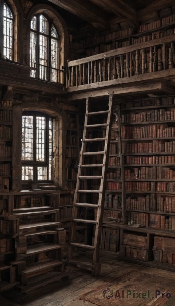 day,indoors,book,no humans,window,chair,sunlight,scenery,wooden floor,stairs,railing,bookshelf,library,ladder,voile,weapon,blood,table,fantasy,carpet