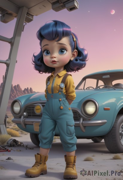 1girl,solo,looking at viewer,short hair,blue eyes,shirt,blue hair,standing,full body,hairband,boots,outdoors,sky,collared shirt,pants,medium hair,lips,arms behind back,moon,suspenders,ground vehicle,child,star (sky),motor vehicle,curly hair,yellow shirt,female child,car,overalls,vehicle focus,yellow footwear,truck,tire,black hair,parted lips,watermark,brown footwear,bandaid,freckles,bandaid on face,wrench,red sky,blue overalls