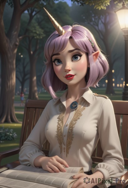 1girl,solo,breasts,blush,smile,short hair,bangs,blue eyes,skirt,shirt,hair ornament,long sleeves,jewelry,medium breasts,sitting,white shirt,upper body,pink hair,purple hair,small breasts,outdoors,parted lips,horns,teeth,solo focus,day,pointy ears,collared shirt,artist name,medium hair,blurry,covered nipples,tree,lips,book,makeup,blurry background,watermark,chair,table,grass,lipstick,blouse,nature,web address,single horn,forest,freckles,open book,red lips,reading,lamp,bench,bush,lamppost,park bench,park,looking at viewer,multiple girls,holding,2girls,cleavage,nail polish,fingernails,night,light purple hair