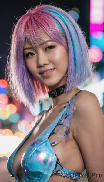 1girl,solo,breasts,looking at viewer,smile,short hair,bangs,blue eyes,cleavage,bare shoulders,medium breasts,blue hair,collarbone,swimsuit,upper body,pink hair,bikini,multicolored hair,parted lips,teeth,choker,shiny,medium hair,grin,blurry,black eyes,collar,two-tone hair,lips,streaked hair,makeup,depth of field,blurry background,blue bikini,realistic,nose,bokeh,from side,sideboob,black choker,bob cut