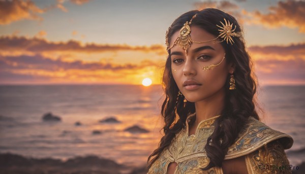 1girl,solo,long hair,breasts,looking at viewer,brown hair,black hair,hair ornament,cleavage,brown eyes,jewelry,upper body,earrings,outdoors,parted lips,sky,cloud,dark skin,water,armor,blurry,dark-skinned female,lips,depth of field,blurry background,ocean,beach,cloudy sky,portrait,curly hair,sunset,circlet,realistic,nose,sun,horizon,very dark skin,braid,twin braids,backlighting