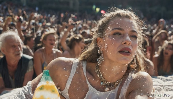 1girl,long hair,open mouth,blonde hair,brown hair,dress,bare shoulders,jewelry,collarbone,closed eyes,upper body,earrings,parted lips,food,multiple boys,teeth,solo focus,dark skin,water,necklace,blurry,dark-skinned female,lips,wet,depth of field,blurry background,tank top,6+boys,realistic,nose,wet hair,crowd,multiple girls,holding,white dress,bokeh