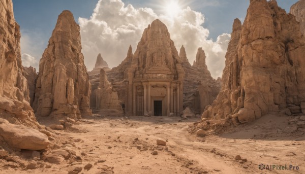 outdoors,sky,day,cloud,blue sky,no humans,sunlight,cloudy sky,building,scenery,rock,sand,sun,ruins,desert,stone,rubble,mountain,pillar,arch