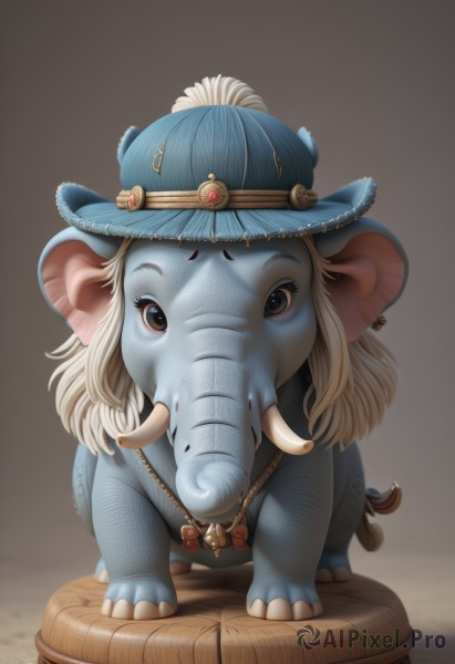 solo,looking at viewer,simple background,hat,brown eyes,jewelry,closed mouth,full body,earrings,necklace,black eyes,no humans,animal,pendant,blue headwear,brown background,realistic,tail ornament,hat feather,animal focus,mouse,clothed animal,barrel,elephant,animal ears,standing,tail,feathers,gem,claws,mouse ears